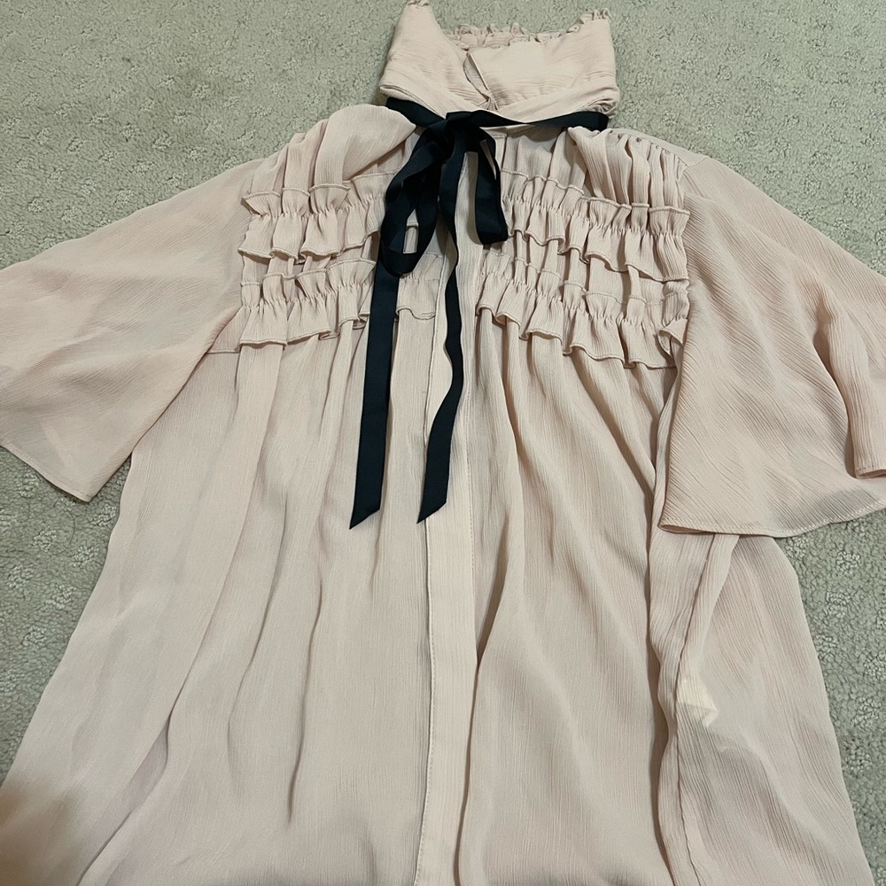Zara Blush Pink Ruffled Blouse with Black Tie